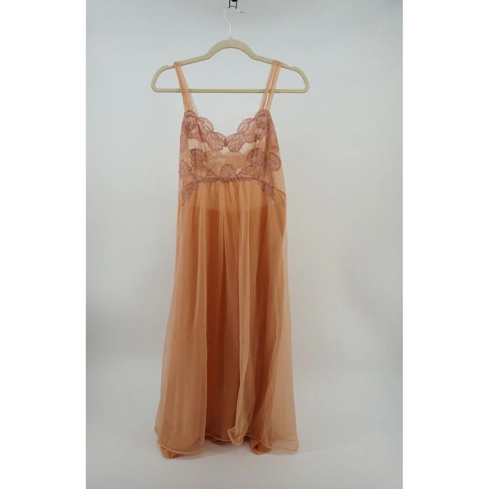 Vintage Style Sheer Lace Bodice Nightgown Coquette Fairycore Peach Apricot OS